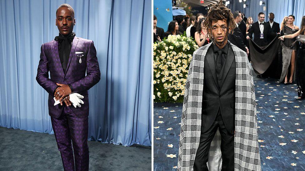 A composite of two pictures from the Met Gala. On the left is Ncuti Gatwa where a black shirt under a purple suit. On the right is Jaden Smith wearing a black suit and a black and white cloak.