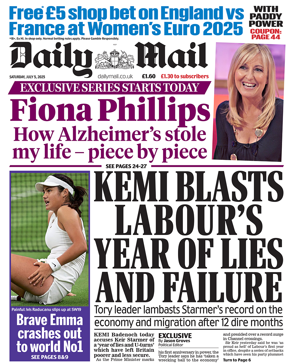"Kemi blasts Labour's year of lies and failure" headlines Daily Mail