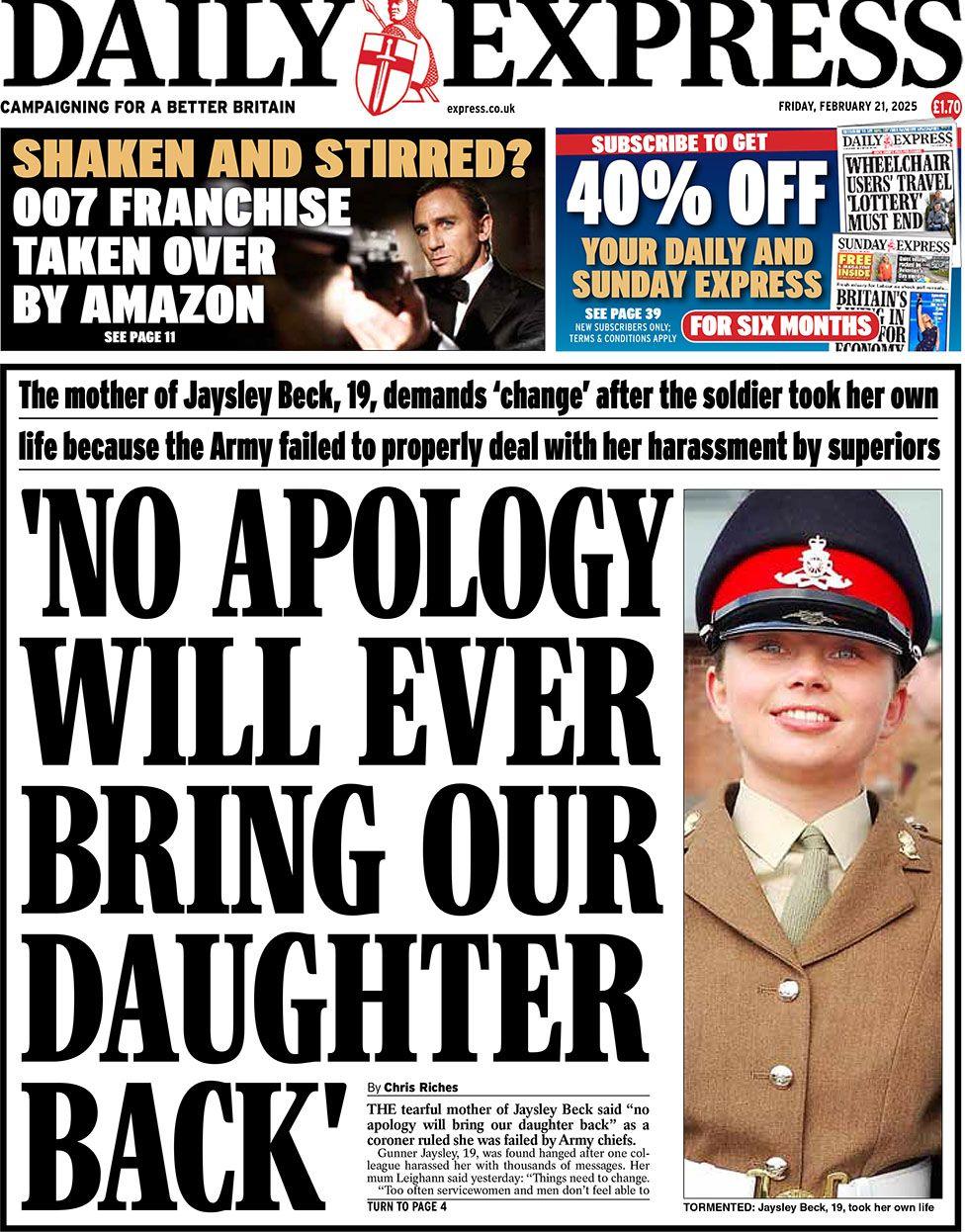 Daily Express headline reads: 'No apology will ever bring our daughter back'