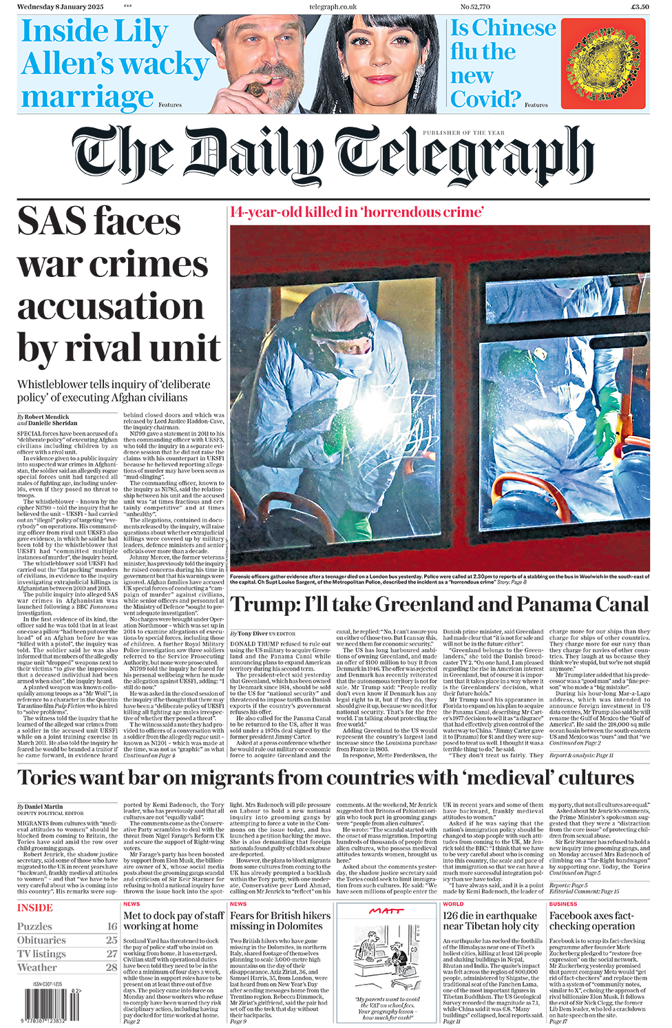 The headline in the Telegraph reads: "SAS faces war crimes accusation by rival unit". 