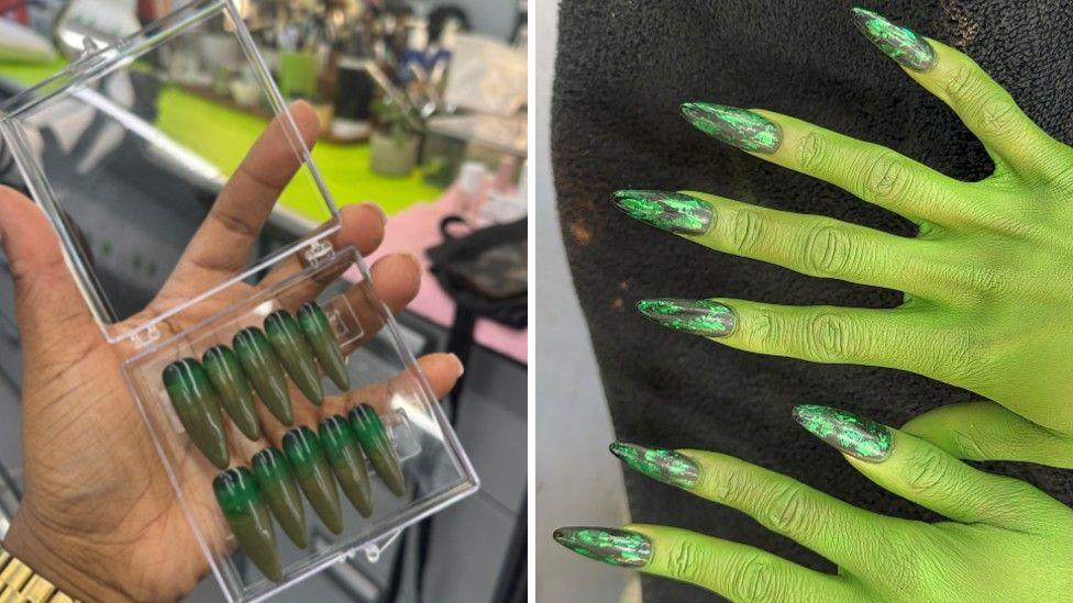 On the left is a set of 10 green ombré press on nails in a clear plastic case. They are held up in front of the camera. On the right is the hands of Cynthia Erivo who has painted green for the film. She is showing her hands to the camera and her nails can be seen which are black with a green foil design.