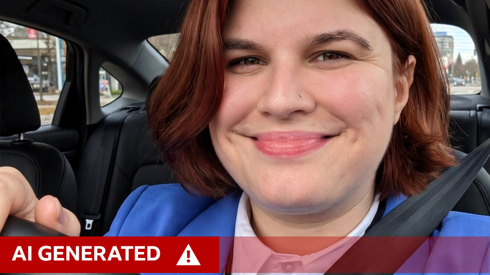 An AI-altered image generated using Muse Image showing Laura Cress in a blue jacket and white shirt driving a car.