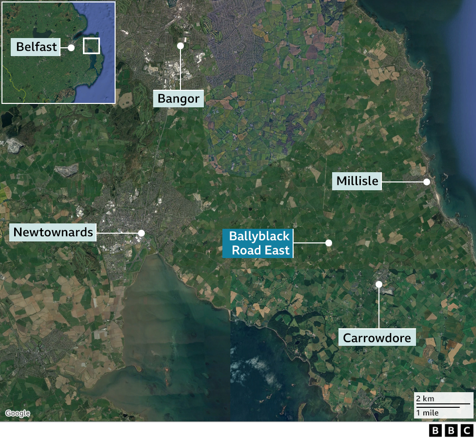 Map showing Millisle, Newtownards, Carrowdore, Bangor - Ballyblack Road Eat in the middle.