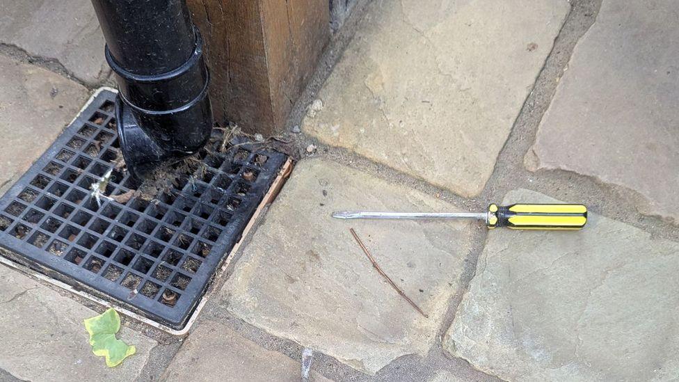 A black rainwater drain with a pipe above it and a screwdriver on the pavement next to the drain