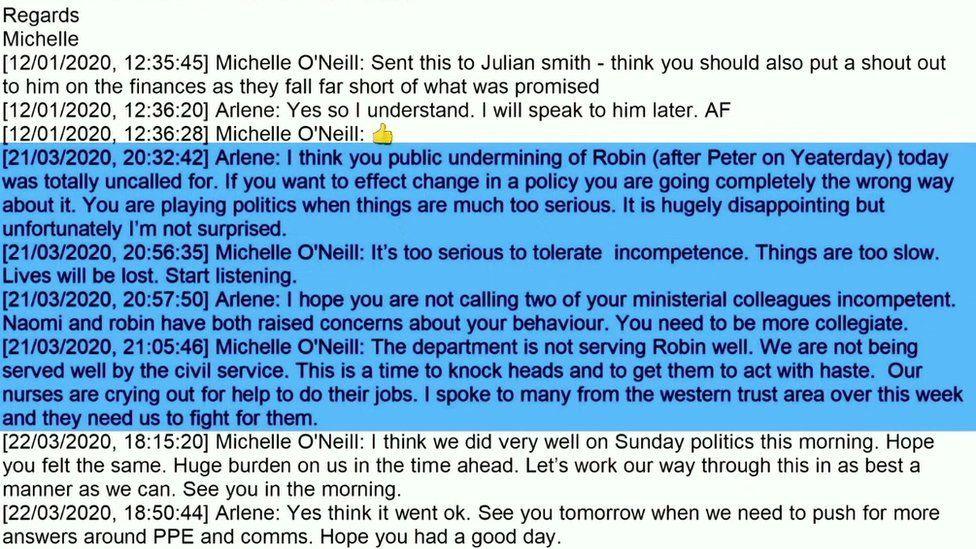 An exchange of messages between Michelle O'Neill and Arlene Foster regarding Ms O'Neill's attendance of Bobby Storey's funeral