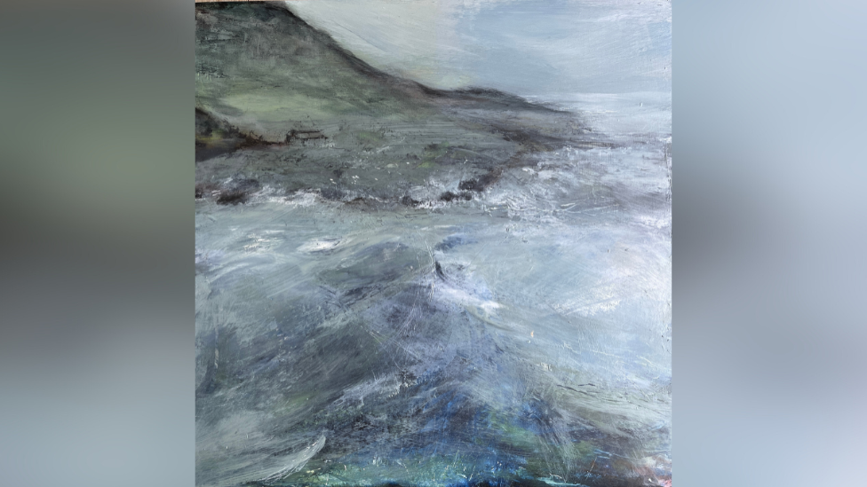 Painting of story sea with a headland in the background