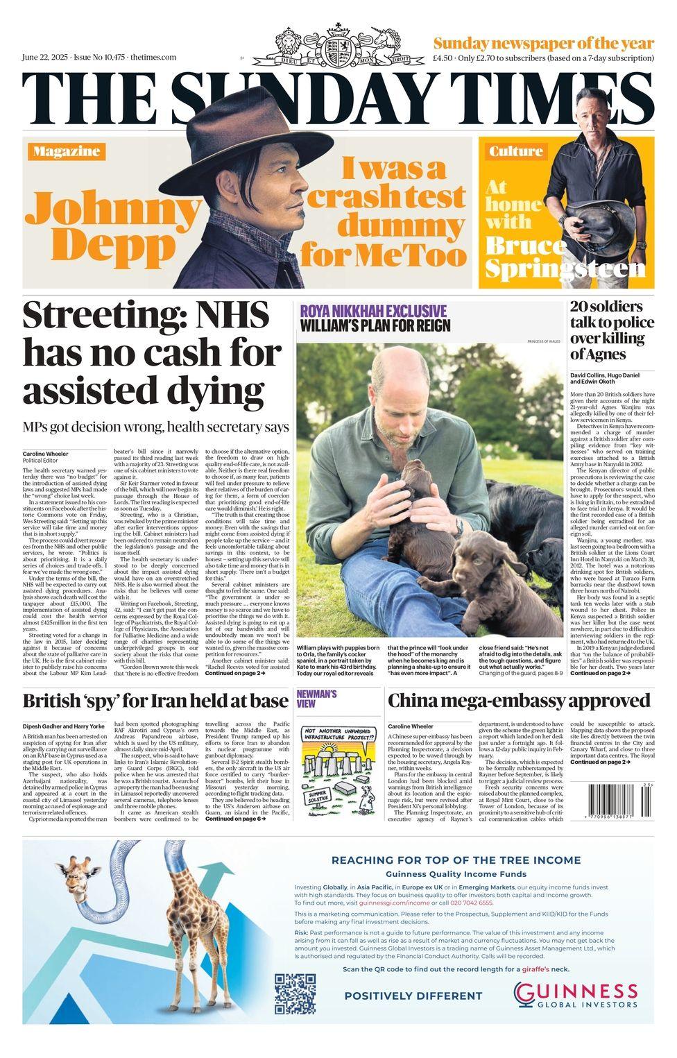 The headline on the front page of the Sunday Times reads: "Streeting: NHS has no cash for assisted dying"