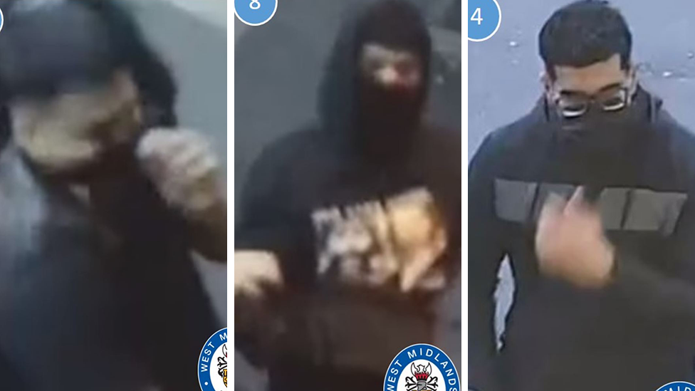 Composite image of three suspects, all wearing dark clothing with their faces partly covered. 