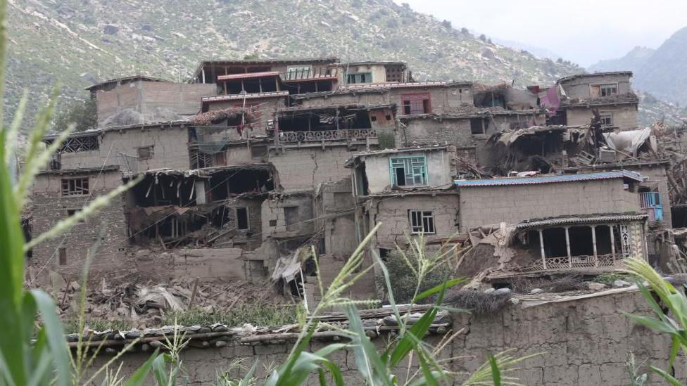 Damaged buildings with a mountain in the background