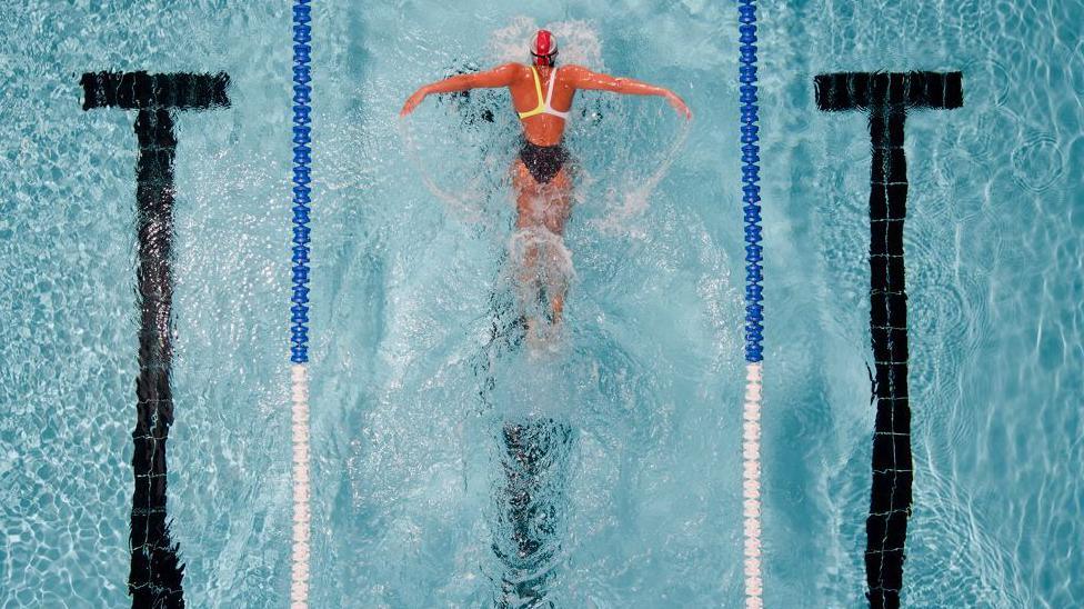 Image is a birds eye view of three lanes of a swimming pool. In the middle lane is a sole female swimmer, arms outstretched in the middle of a butterfly stroke. She is wearing a blue, yellow and white costume and a red swimming hat.