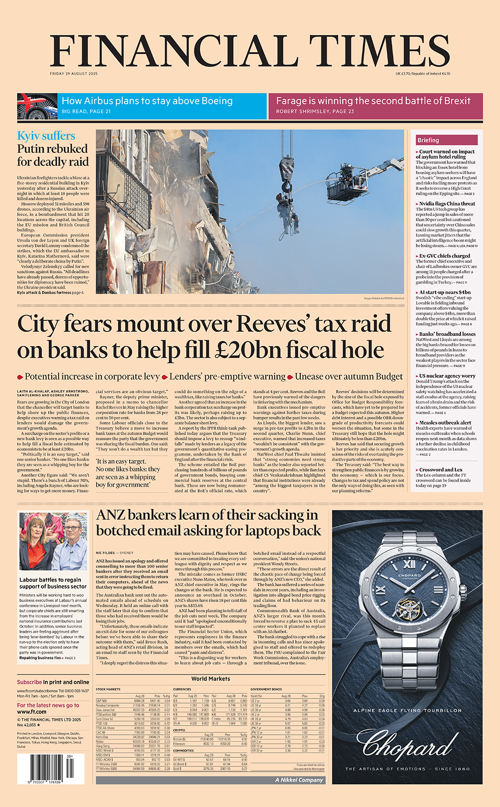 Financial Times front page with headline: "City fears mount over Reeves’ tax raid on banks to help fill £20bn fiscal hole".