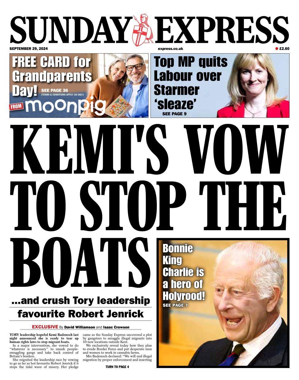 Front page of the Sunday Express for 29 September