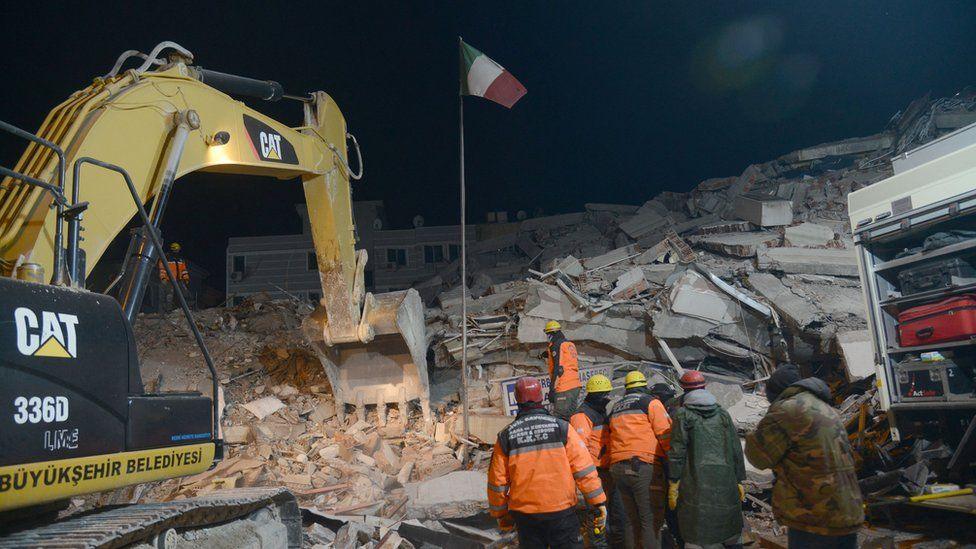 Emergency services at the scene of the collpased Isias hotel in Turkey