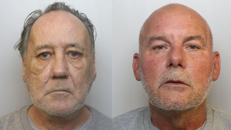 Side-by-side custody images of Martin Carty (left) and Mark Sothcott. Carty has thinning grey hair, swept back from his face, and light grey short facial hair. He has deep bags under his eyes and a downturned mouth. Sothcott is bald with light grey facial hair, and has an eyebrow piercing in his right eyebrow and another piercing in his right ear. 