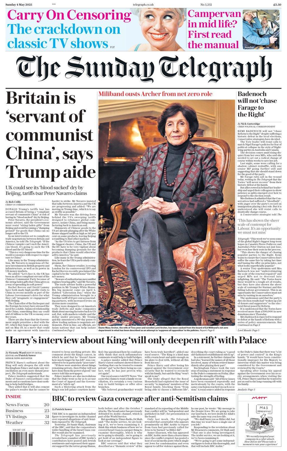 The headline in the Sunday Telegraph reads: Britain is 'servant of communist China', says Trump aide