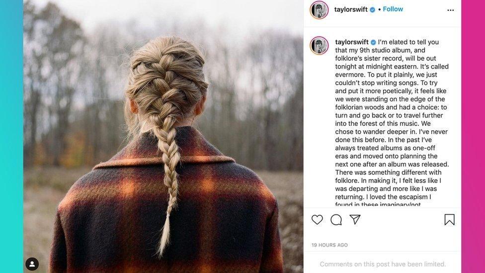 Image of Taylor Swift in brown and orange looking out into woods.