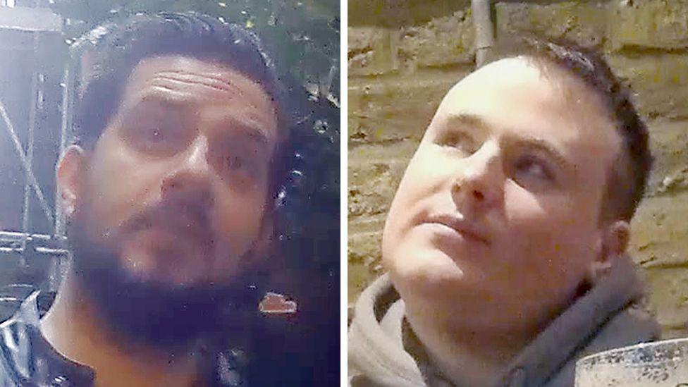 PC Martin Borg, who has short dark brown hair and a beard, and PC Philip Neilson, who has short lighter brown hair and wears a grey hoody, in stills from footage taken by an undercover reporter