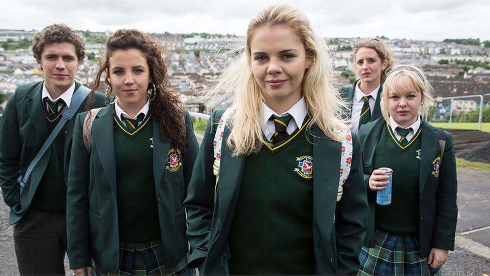 Derry Girls actors on Derry's walls