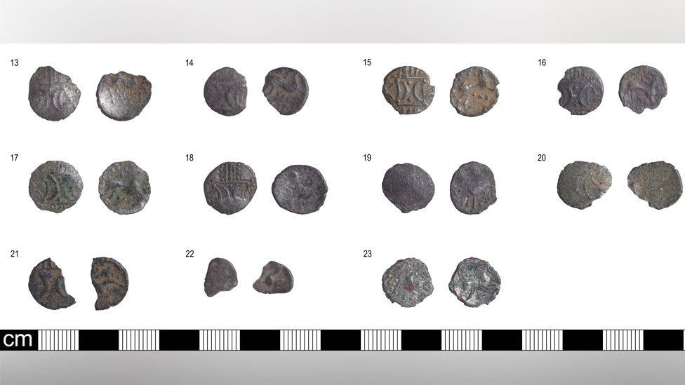 Eleven Iron Age silver coins in three rows, showing both sides of each coins