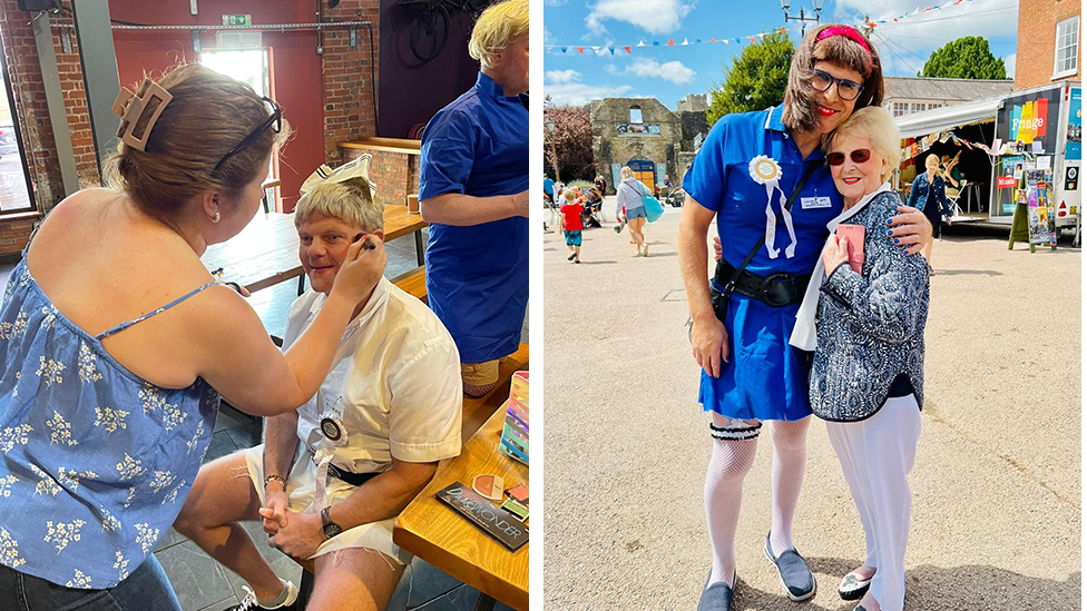 Composite image of fundraisers getting ready for last year's event, including a man dressed as a nurse having makeup applied and two others (Mark Hiles and Gloria Corfield) posing in the main square in Ludlow 