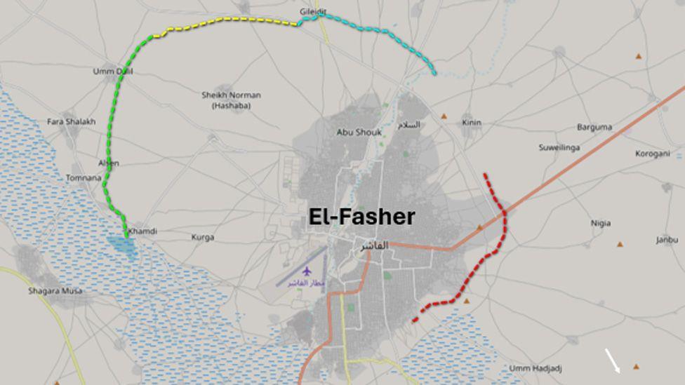 A map of el-Fasher on which the Humanitarian Research Lab has drawn different coloured lines showing the dates of construction of the berms surrounding the city.