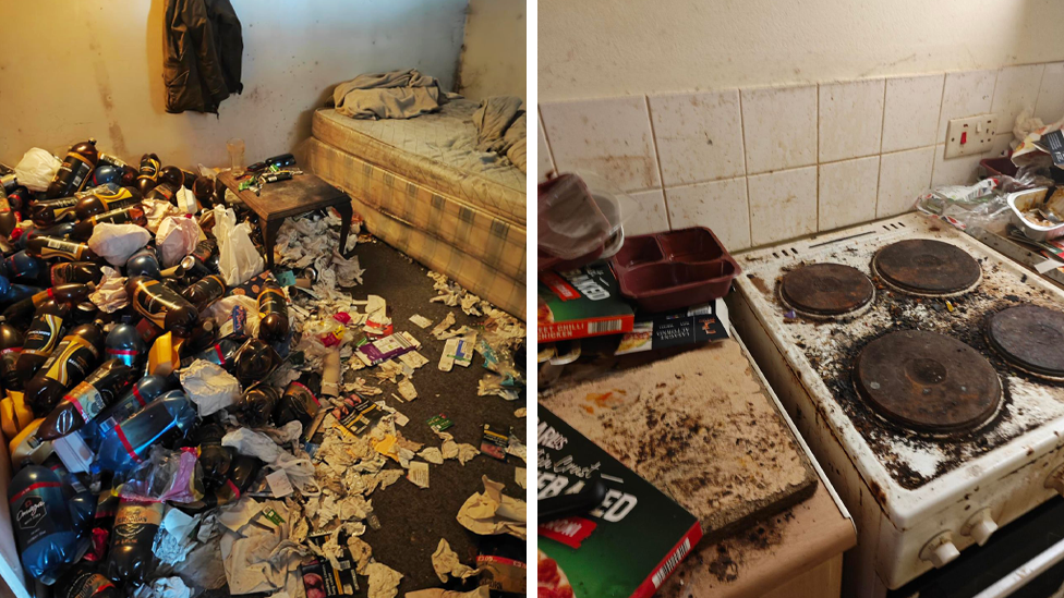 A split pic showing two different rooms in a rental property. On the left is a bedroom - the floor is almost covered in plastic bottles, packets and litter. On the right is a kitchen, with pizza boxes and other packets covering the worktops and the oven hob covered in dirt.
