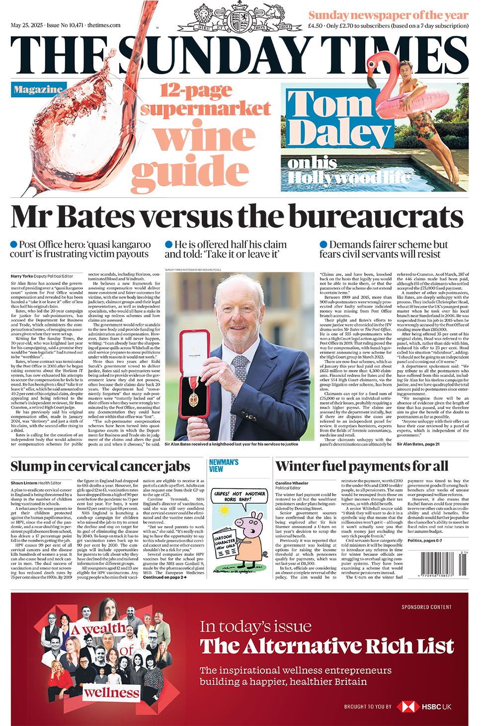Times front page with headline: "Mr Bates versus the bureaucrats"