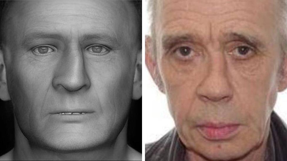 Black and white image of a facial reconstruction alongside a close-up photograph of Ean Coutts' face 