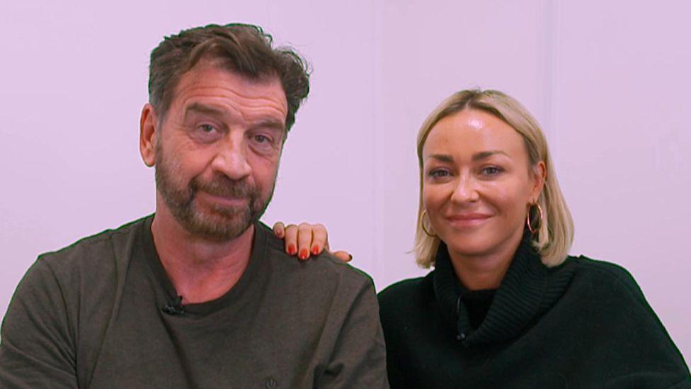 Nick Knowles with his dance partner Luba Mushtuk infront of a purple wall