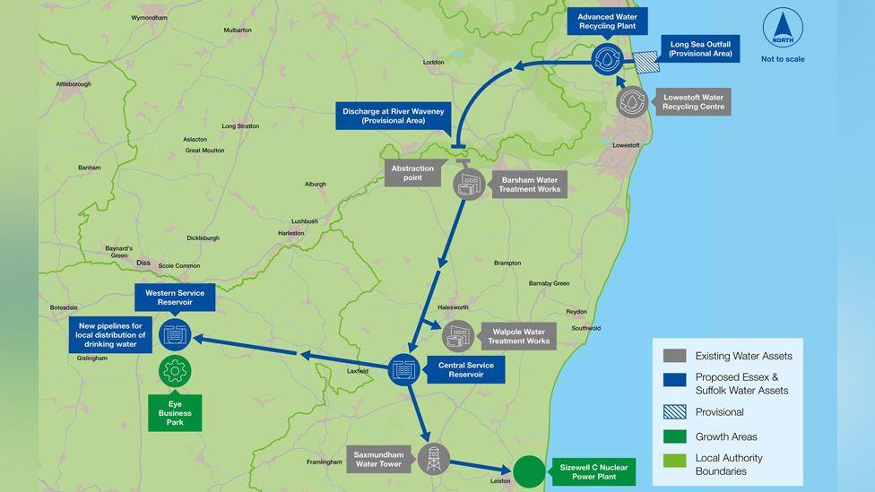 A map of part of Suffolk where water company Essex & Suffolk Water wants to create new reservoirs, pipelines and a recycling plant.