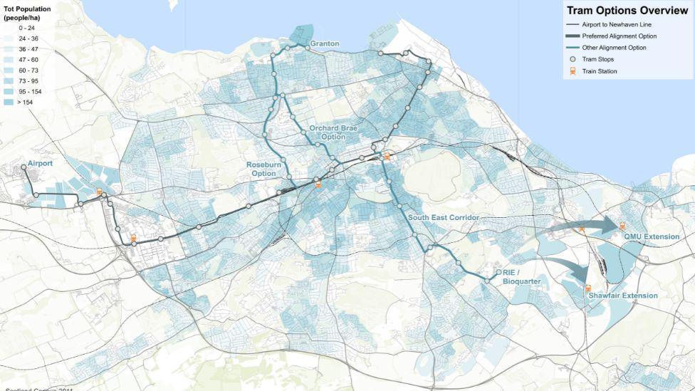 A map of Edinburgh showing the two proposed routes for the tram extension. The map is mainly white, with the roads marked in different shades of blue.