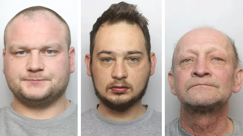 Mugshots of Patryk Kubacz, Damian Sidor, and Jaroslaw Szklarski. All are wearing grey tops. Kubacz is medium built with a shaved head and stubble. Sidor has brown hair, receding at the front and pushed upwards. He has a trimmed beard and a faint scar between his eyebrows. Szklarski is bald on top, with grey hair on the sides.