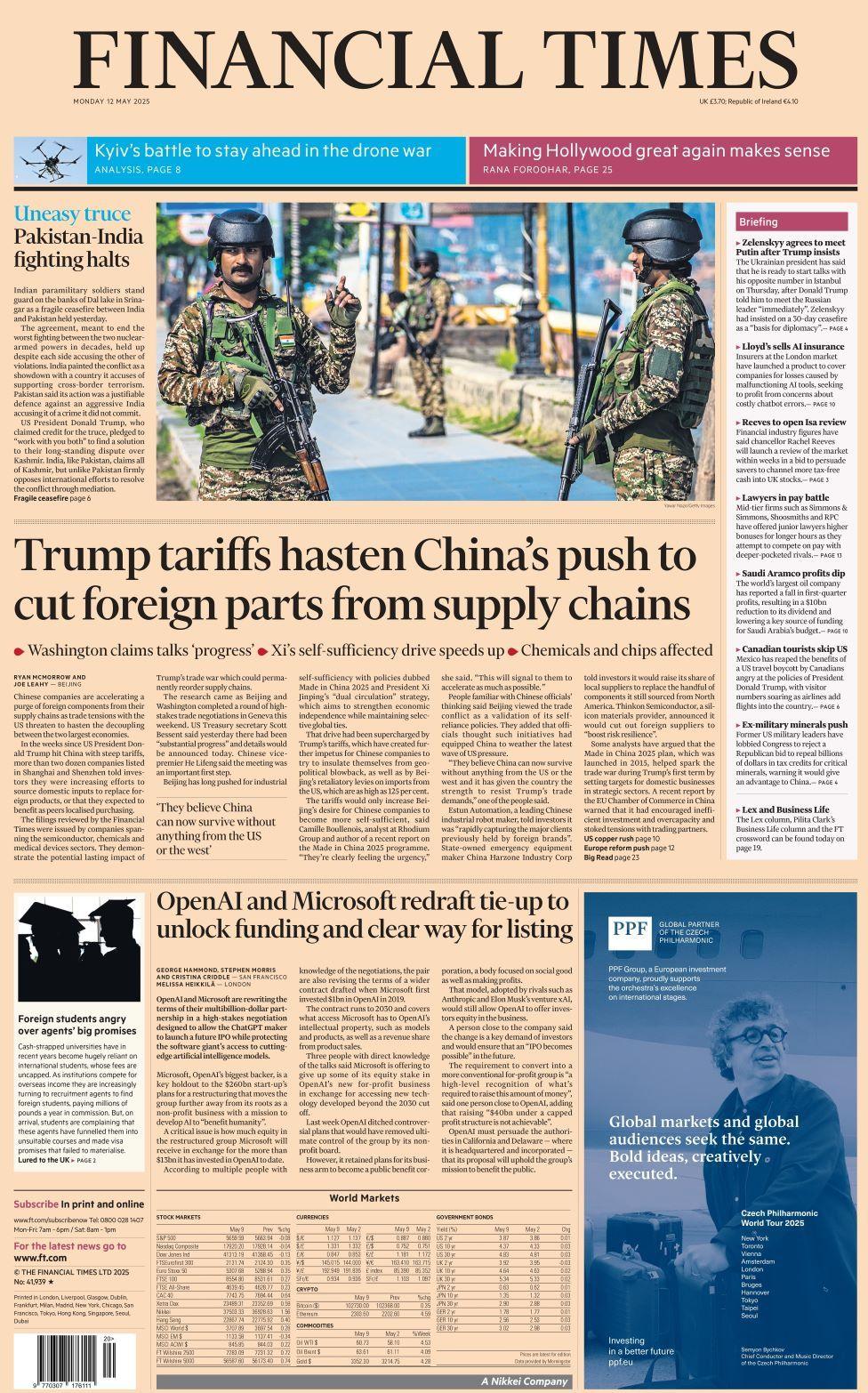 Financial Times front page on Monday 12 May 2025