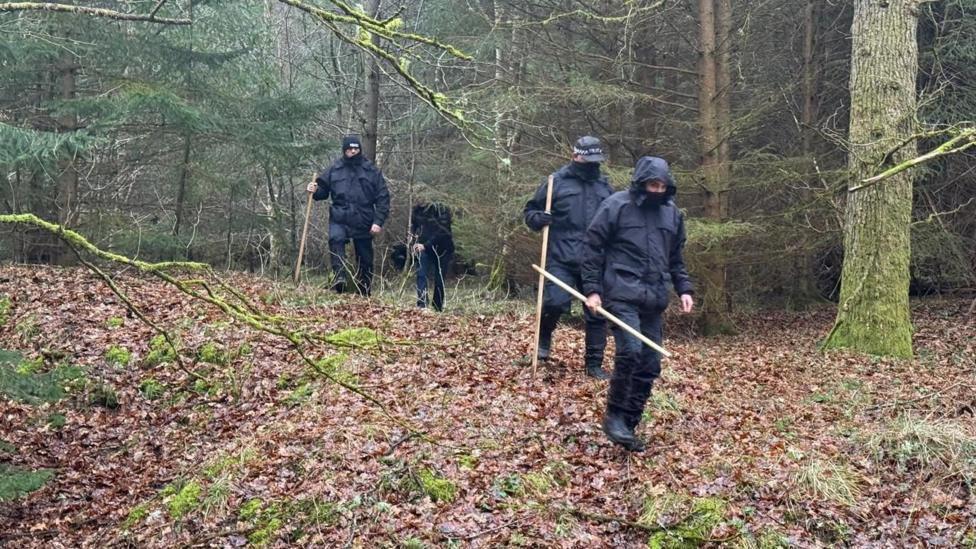 Four members of the search and rescue team searching in Hamsterley Forest. They are dressed in black waterproof clothing and carry sticks. They are surrounded by dense trees. The ground is covered in brown leaves.