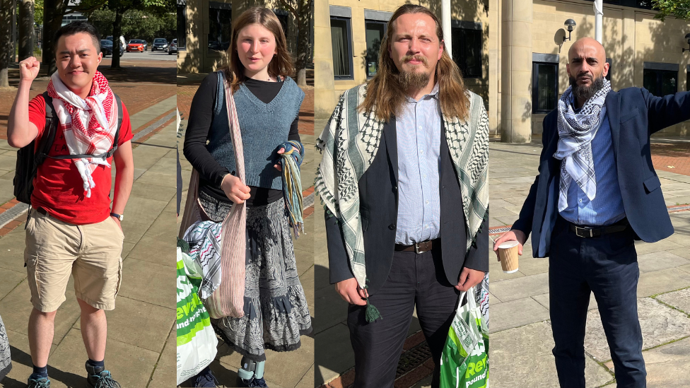 Julian Gao, Ruby Hamill, Daniel Jones and Sayed Shah standing outside Bradford Crown Court