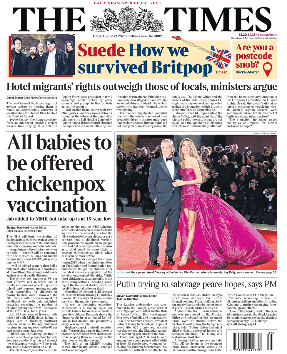 Times front page with the headline "all babies to be offered chickenpox vaccine"
