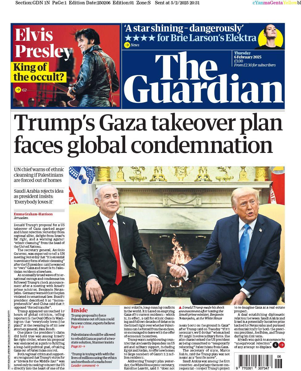 The Guardian front page with headline Trump's Gaza takeover plan faces global condemnation