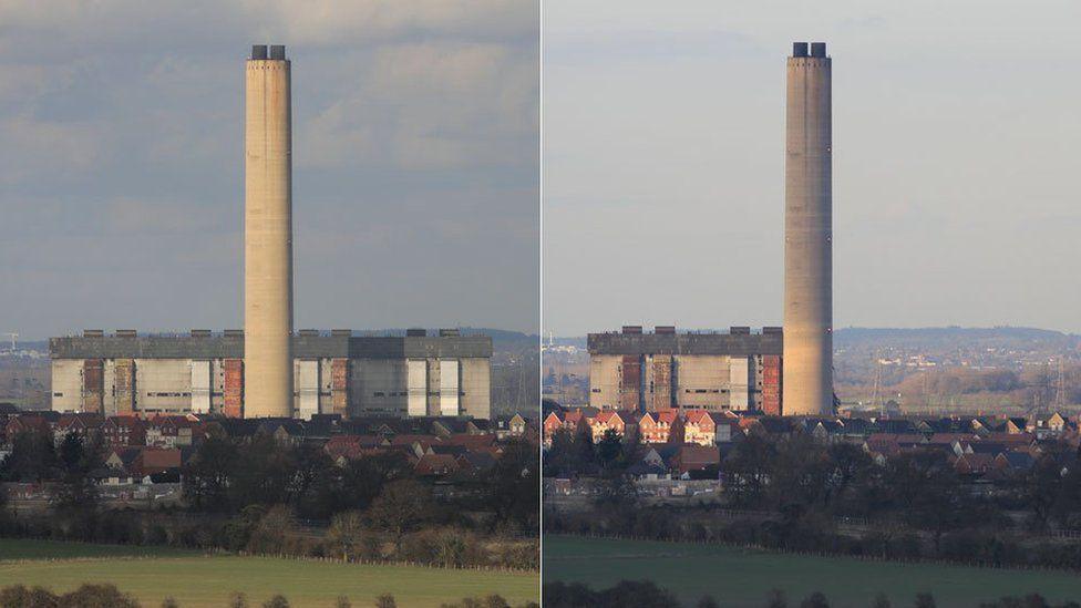 Before and after photo of Didcot power station collapse