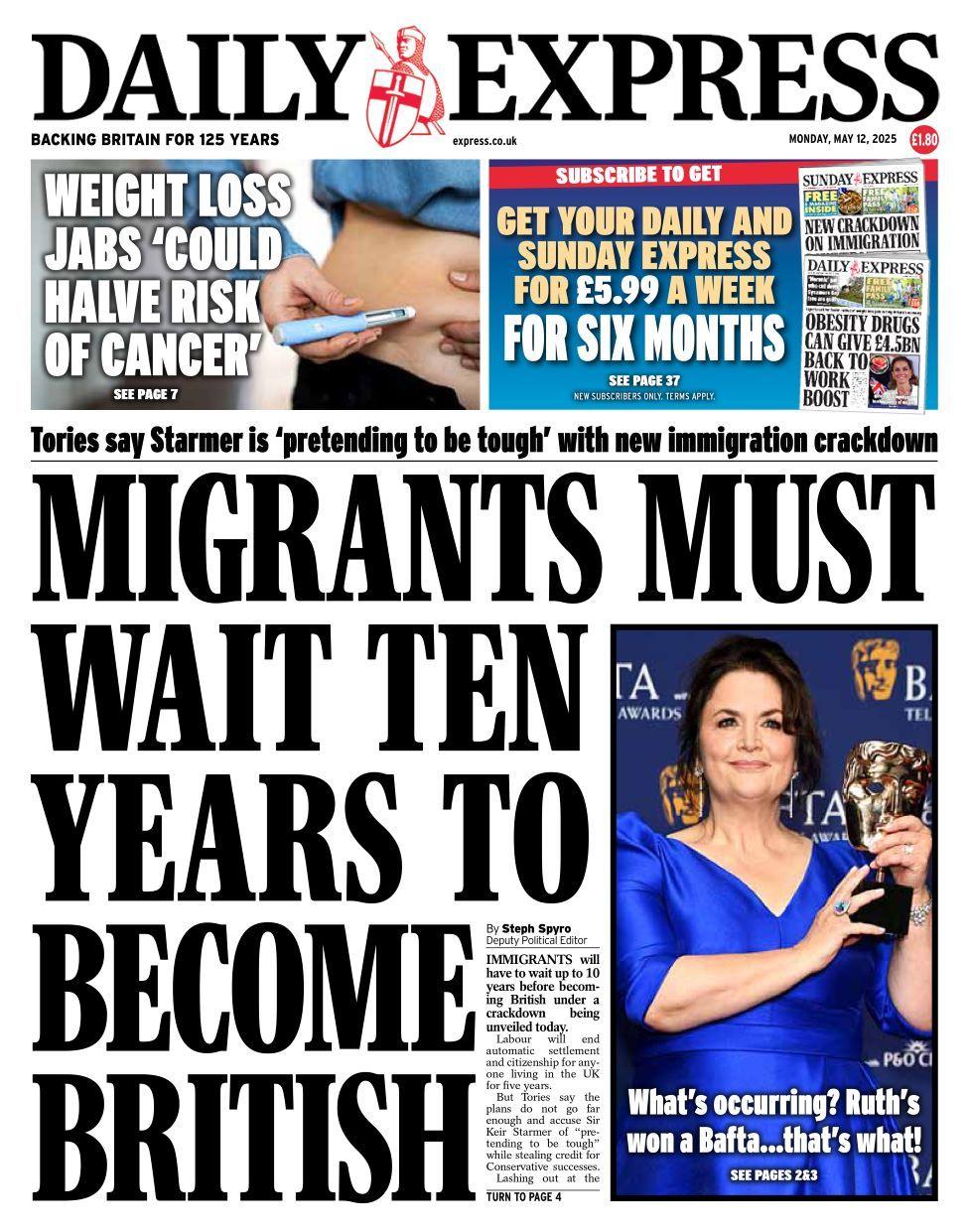 Daily Express front page on Monday 12 May 2025