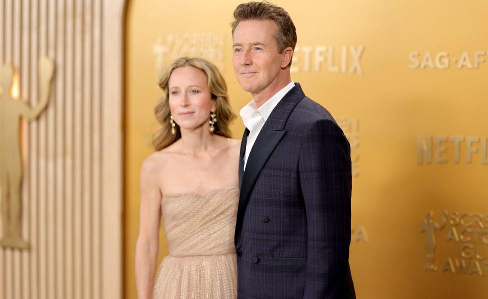 Shauna Robertson and Edward Norton attend the 31st Annual Screen Actors Guild Awards at Shrine Auditorium and Expo Hall on February 23, 2025 in Los Angeles, California