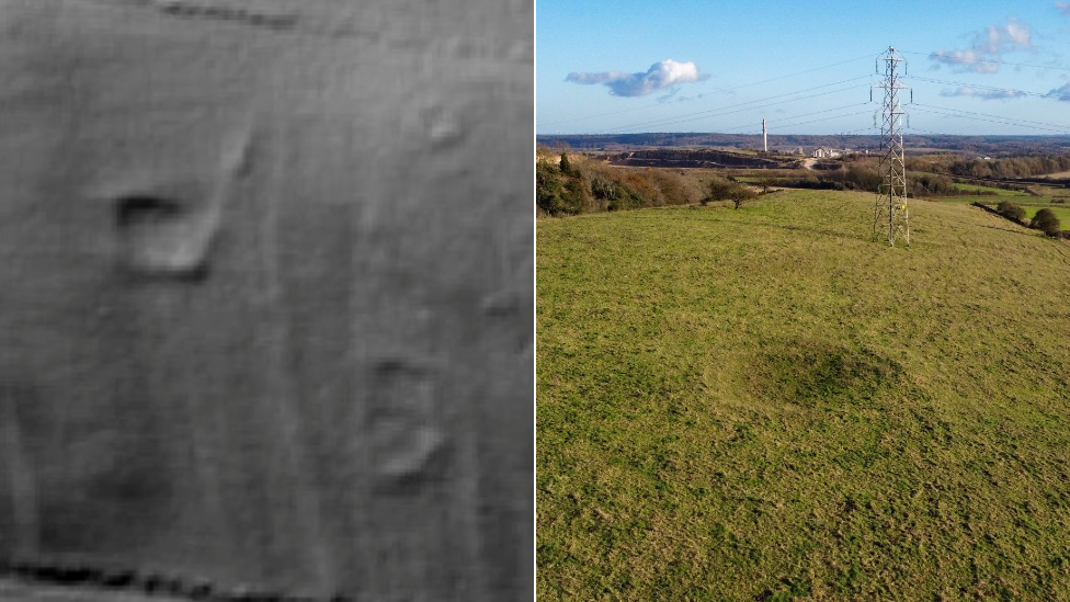 Composite image showing, on the left, a black and white aerial Lidar image of two small, oval enclosures on a hill and on the right, a natural light drone shot of one of these features, revealed to be in a grassy field