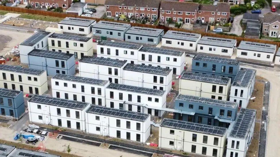 An Aerial picture of 90 one and two storey temporary cabins being constructed on the site of a former school in Llantwit Major