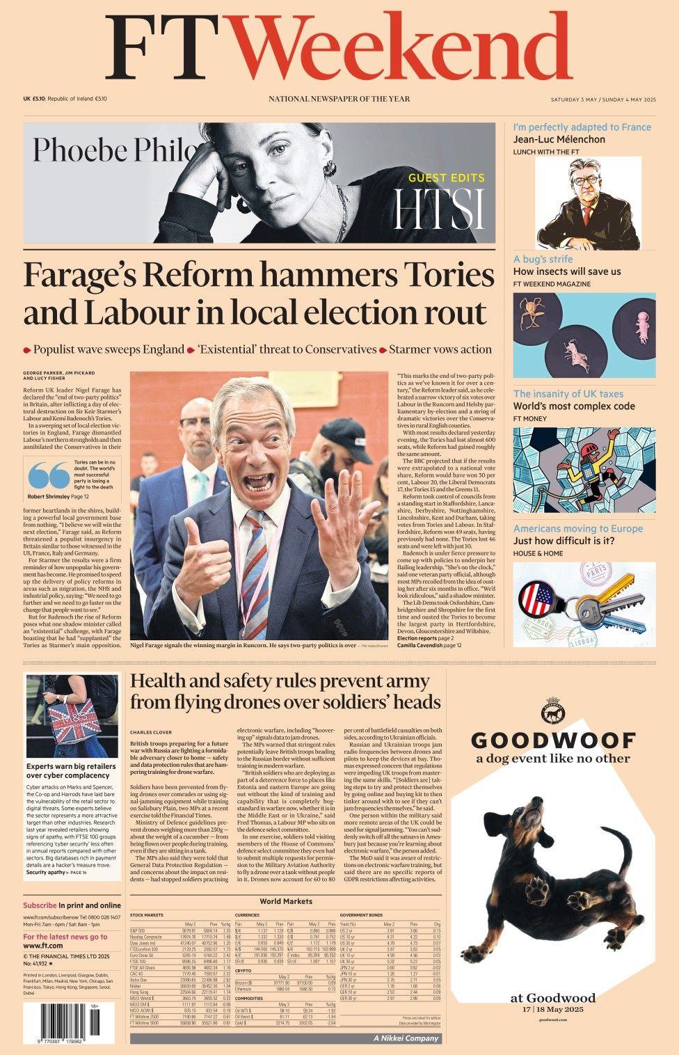 The headline in the Financial Times Weekend reads: Farage's Reform hammers Tories and Labour in local election rout