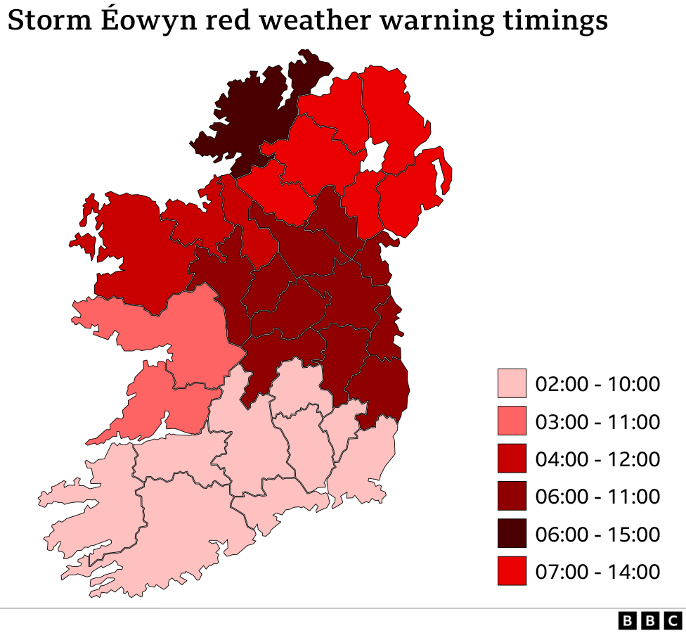 A map of the red weather warnings from Storm Éowyn with a timeline, in Northern Ireland. 