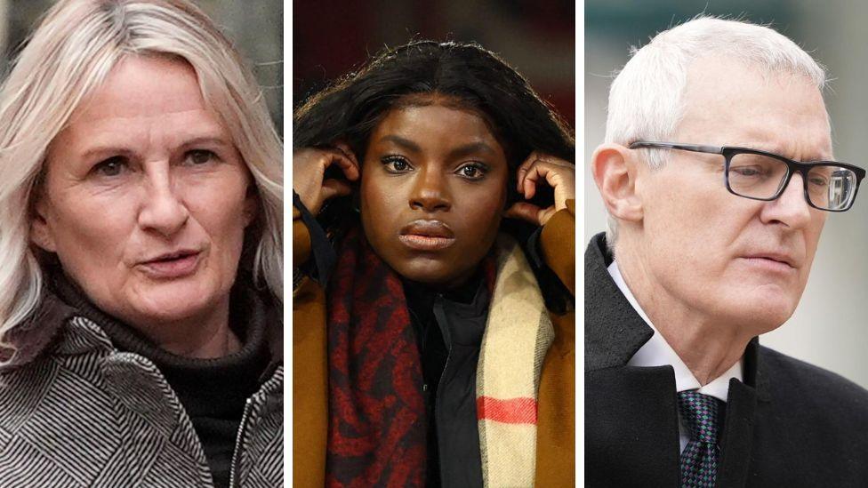 Lucy Ward (left)with blond bobbed hair arrives at Liverpool Crown Court wearing a dog tooth patterned jacket and black roll neck jumper.
Football pundit Eni Aluko (middle) with long hair wearing a tan coloured coat and black and red scarf is pictured pitchside before a football match at The City Ground, Nottingham
Jeremy Vine (right) with short white hair arrives at Liverpool Crown Court wearing black glasses and a black long coat over a suit.