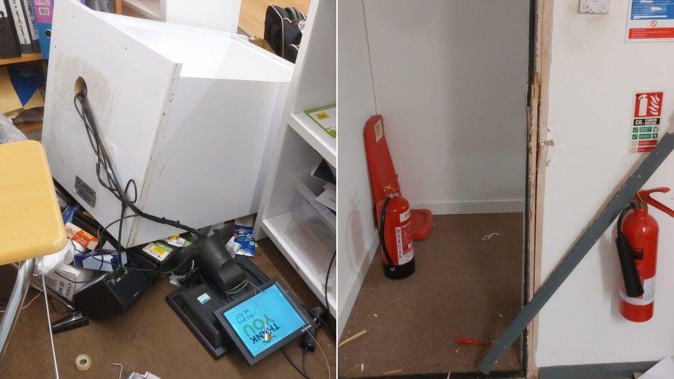 A composite image showing an upturned office unit with a till on the floor and a damaged door frame