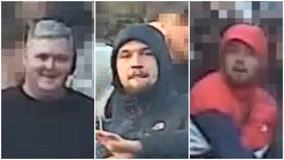 Collage of three pictures of suspects release by police - on the left is a man in a black t-shirt with short grey hair; in the middle a man with a goatee with a black coat and a dark hood over his head; on the right is a man in a red coat with a red hood over his head