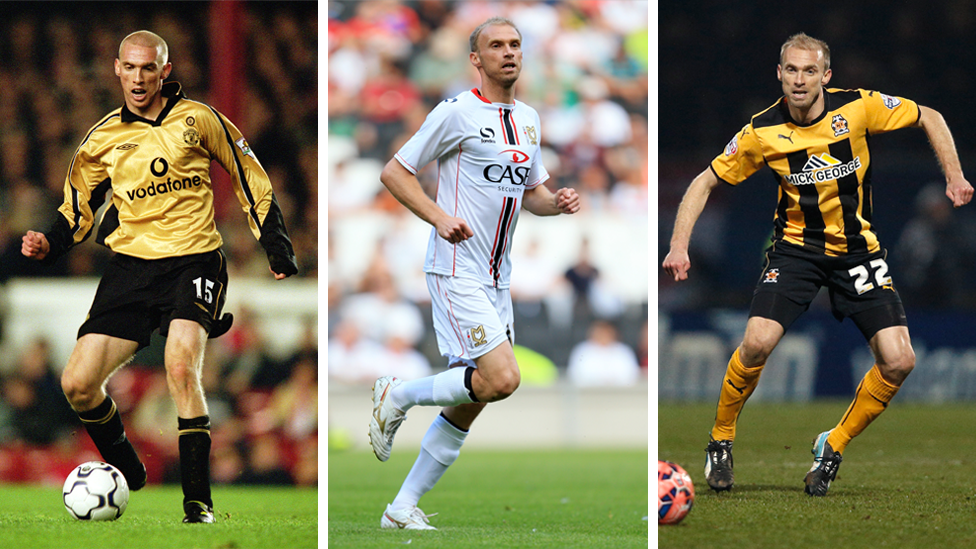 Three images of Luke Chadwick, playing for Manchester United, MK dons and Cambridge United from left to right.