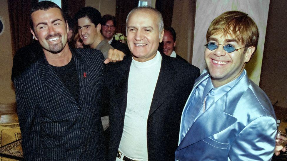 Gianni Versace, Elton John and George Michael at the Bond St Versace store, 1995