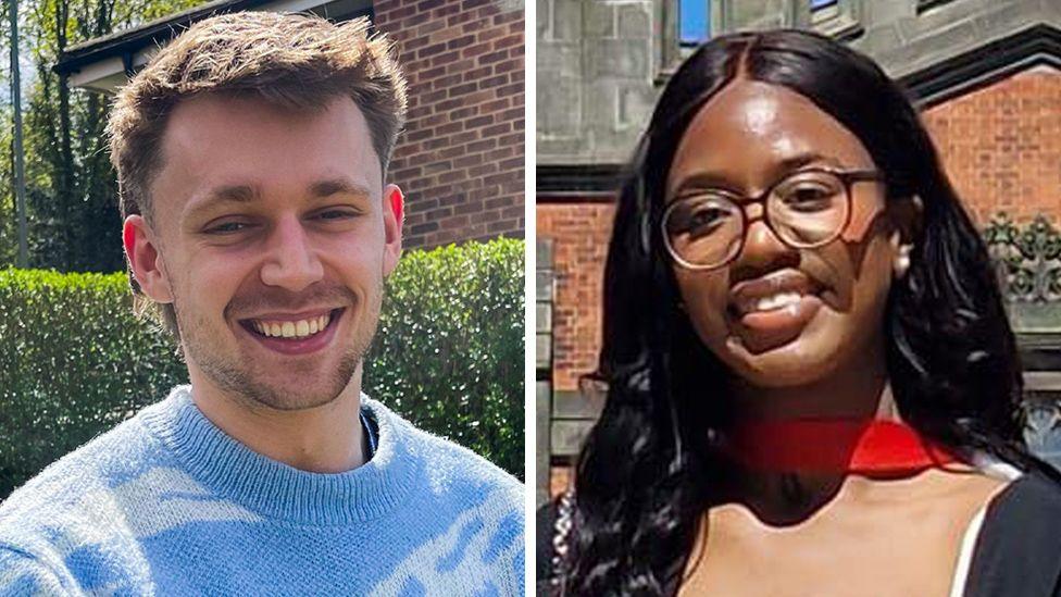 Split image of Robert, who is smiling and wearing a blue jumper, and Christina, who is also smiling and wearing glasses and a red scarf